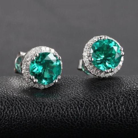 Round Green Emerald Earrings Diamond Halo Stud 14K White Gold - Lord of Gem Rings