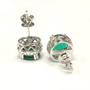 Round Green Emerald Earrings Diamond Halo Stud 14K White Gold - Lord of Gem Rings