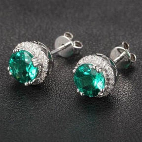 Round Green Emerald Earrings Diamond Halo Stud 14K White Gold - Lord of Gem Rings