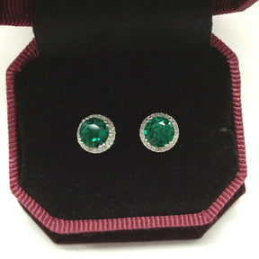 Round Green Emerald Earrings Diamond Halo Stud 14K White Gold - Lord of Gem Rings