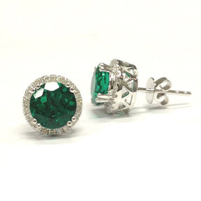 Round Green Emerald Earrings Diamond Halo Stud 14K White Gold - Lord of Gem Rings