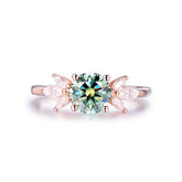 Round Green Moissanite Engagement Ring with Marquise Moissanite accent Leaf Ring - Lord of Gem Rings