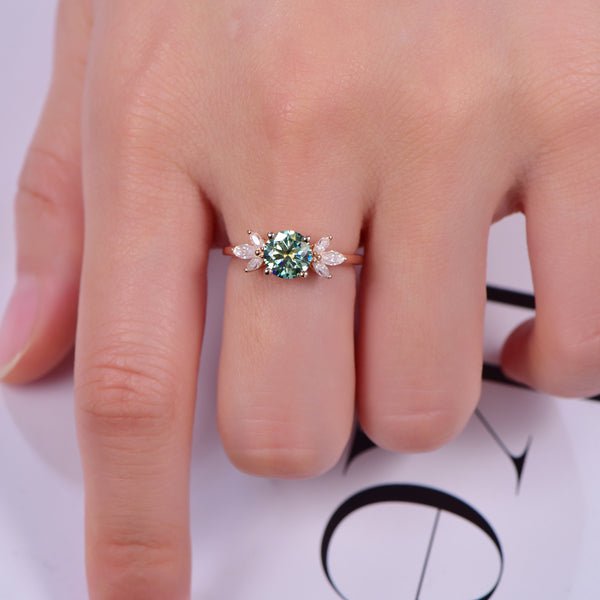 Round Green Moissanite Engagement Ring with Marquise Moissanite accent Leaf Ring - Lord of Gem Rings