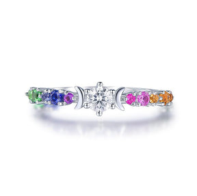 Round Moissanite Engagement Ring Rainbow Birthstones - Lord of Gem Rings