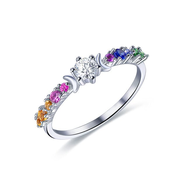 Round Moissanite Engagement Ring Rainbow Birthstones - Lord of Gem Rings