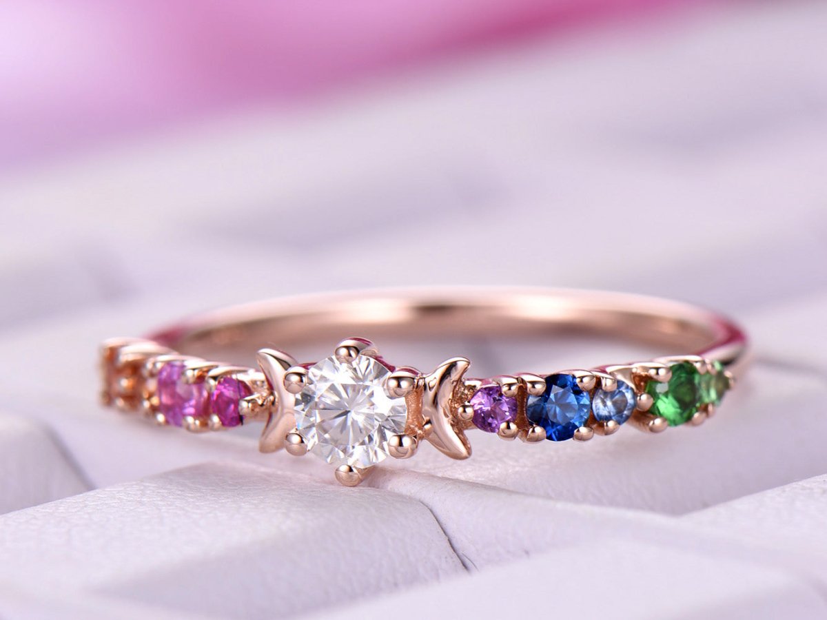 Round Moissanite Engagement Ring Rainbow Birthstones - Lord of Gem Rings