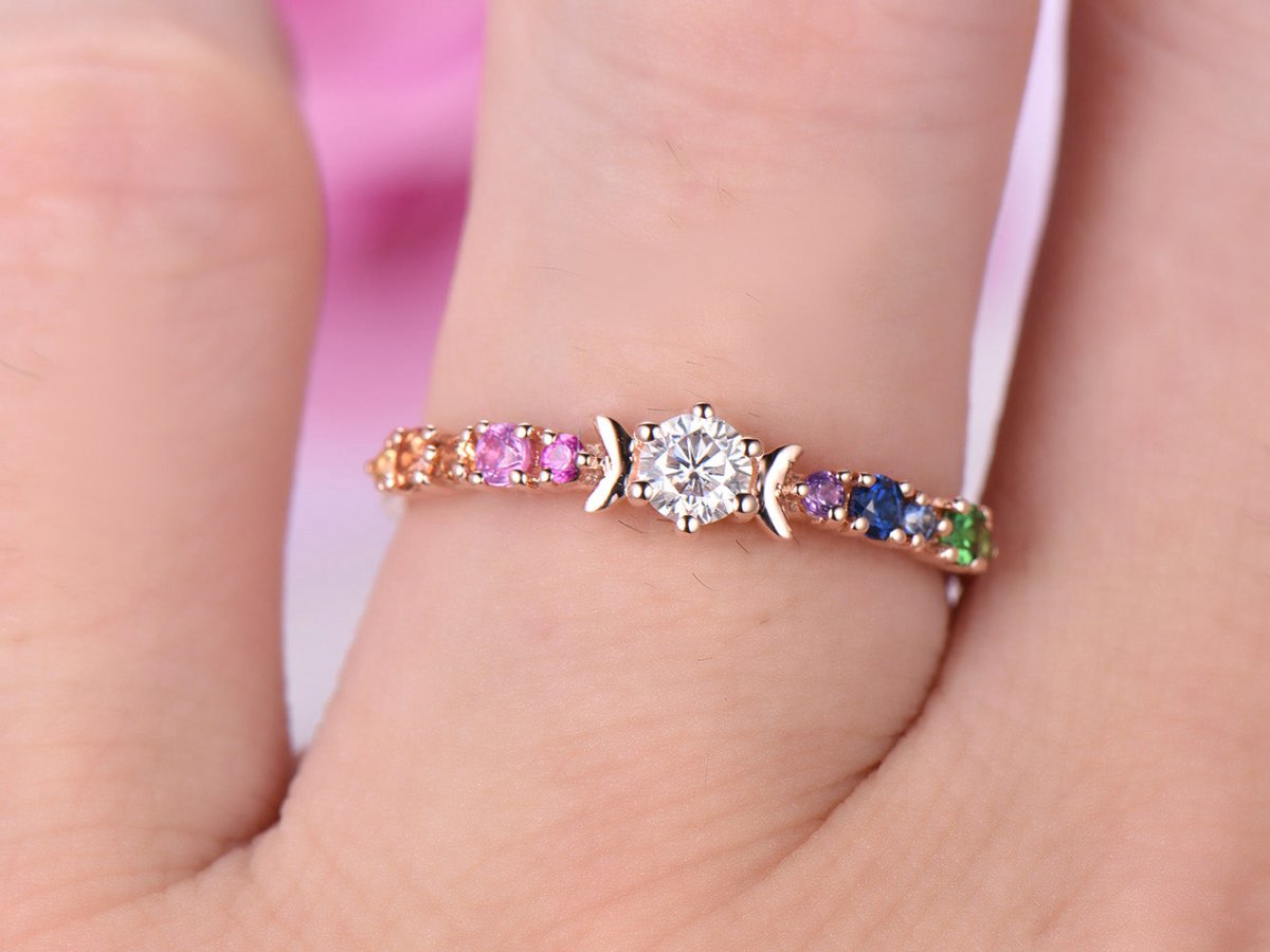 Round Moissanite Engagement Ring Rainbow Birthstones - Lord of Gem Rings