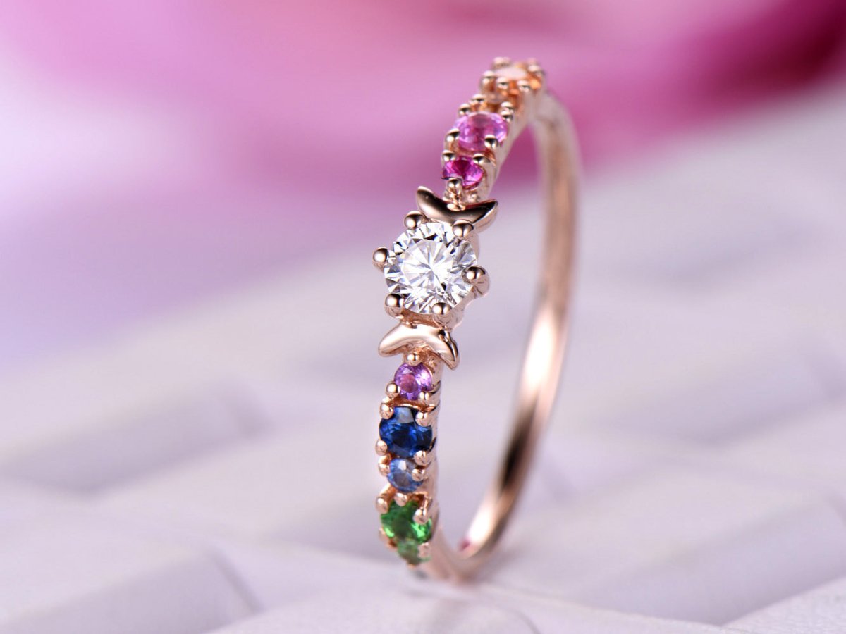 Round Moissanite Engagement Ring Rainbow Birthstones - Lord of Gem Rings