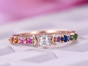 Round Moissanite Engagement Ring Rainbow Birthstones - Lord of Gem Rings