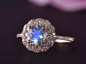 Round Moonstone Double Diamond Halo Ring in Rose Gold - Lord of Gem Rings