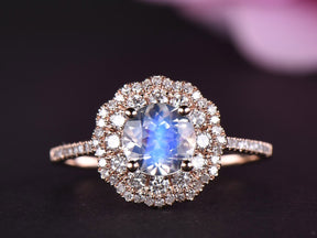 Round Moonstone Double Diamond Halo Ring in Rose Gold - Lord of Gem Rings