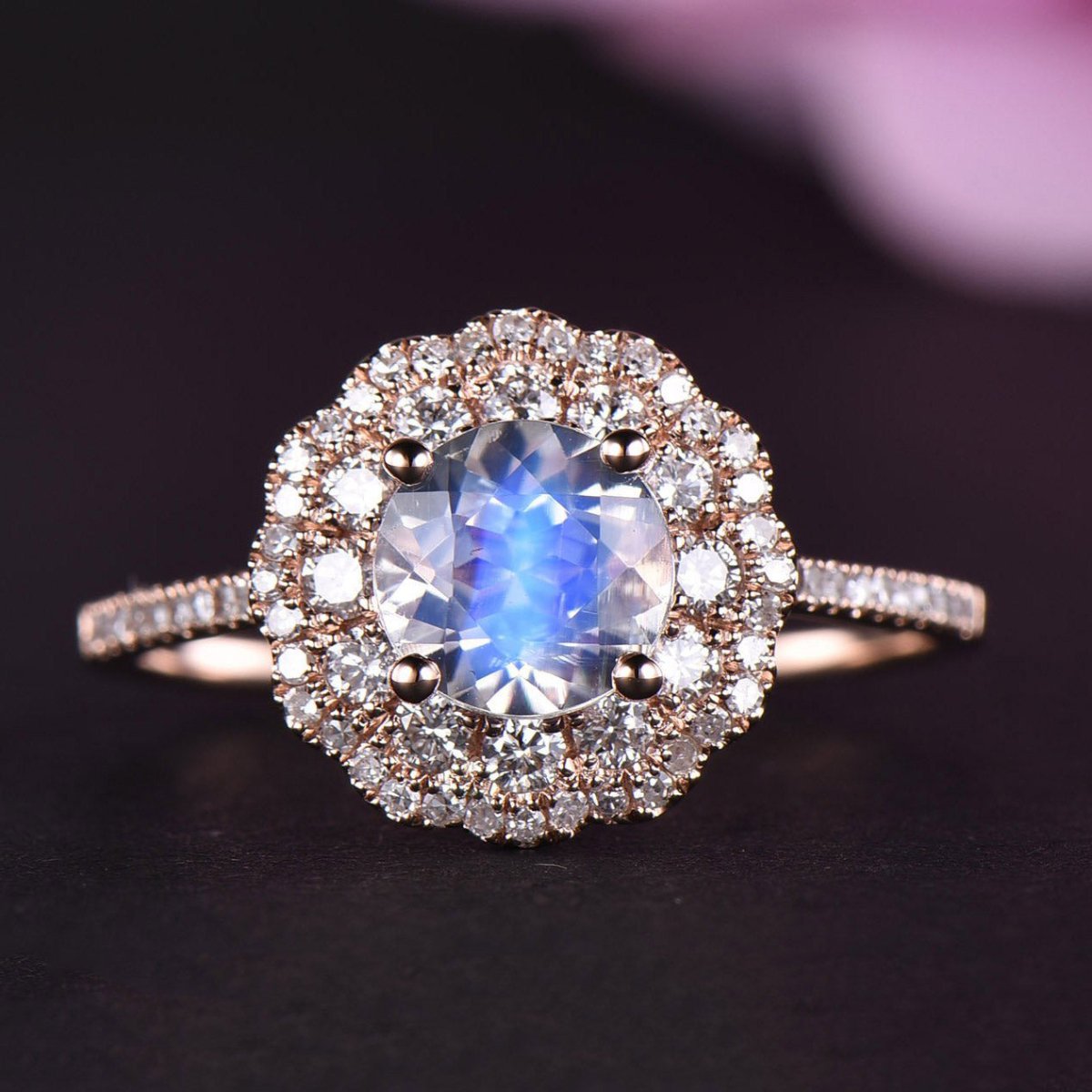 Round Moonstone Double Diamond Halo Ring in Rose Gold - Lord of Gem Rings