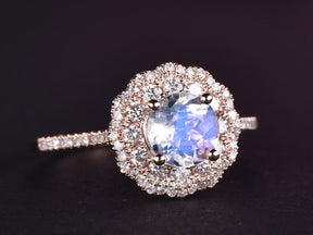 Round Moonstone Double Diamond Halo Ring in Rose Gold - Lord of Gem Rings