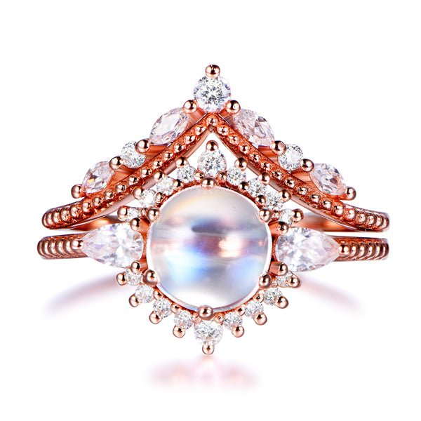 Round Moonstone Pear Diamond Vintage Ball Bridal Set with Chevron Band - Lord of Gem Rings