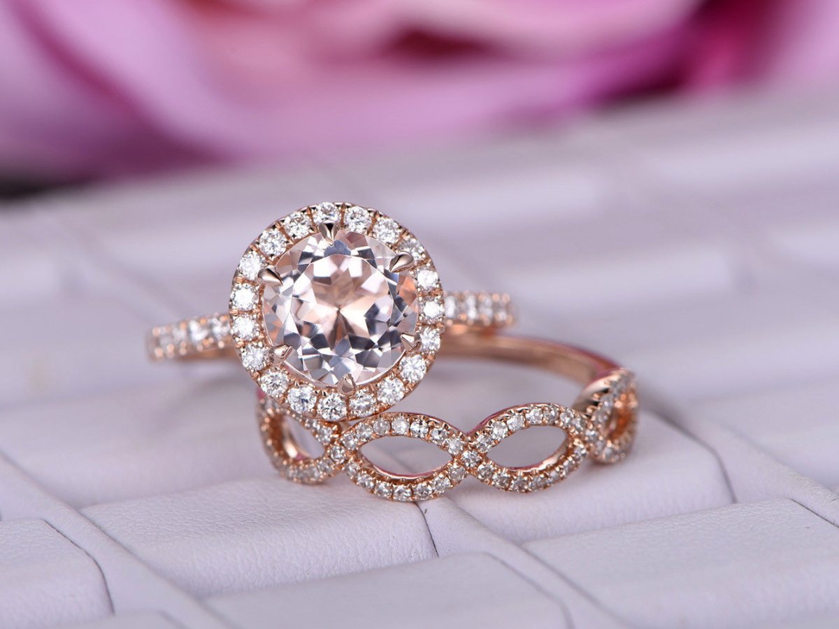 Round Morganite Diamond Infinite Love Bridal Set 14K Rose Gold - Lord of Gem Rings