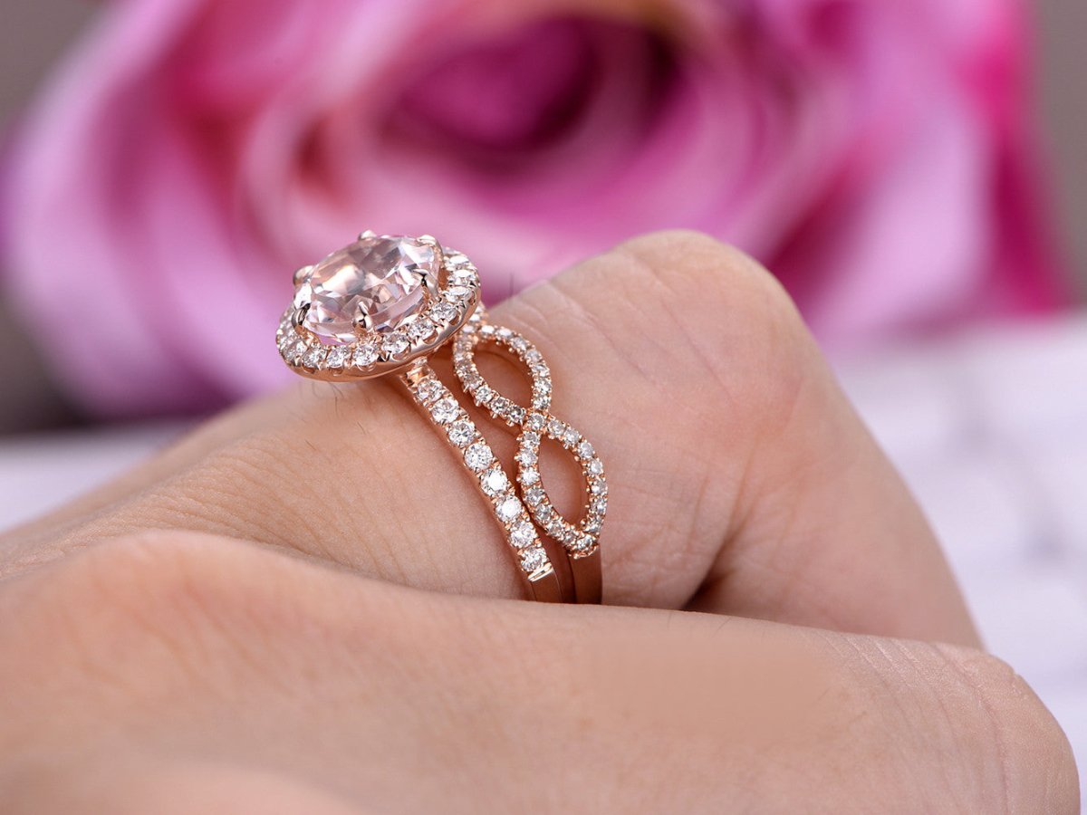 Round Morganite Diamond Infinite Love Bridal Set 14K Rose Gold - Lord of Gem Rings