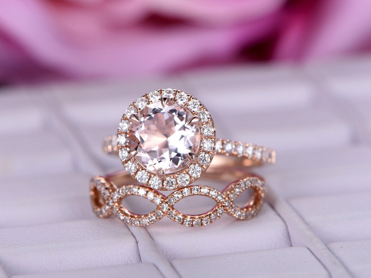 Round Morganite Diamond Infinite Love Bridal Set 14K Rose Gold - Lord of Gem Rings