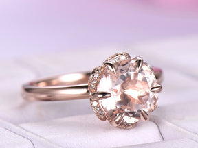 Round Morganite Ring Diamond Floral Halo 14K Rose Gold - Lord of Gem Rings