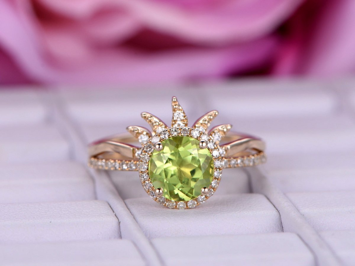 Round Peridot Bridal Set with Diamond Tiara Band 14K Yellow Gold - Lord of Gem Rings