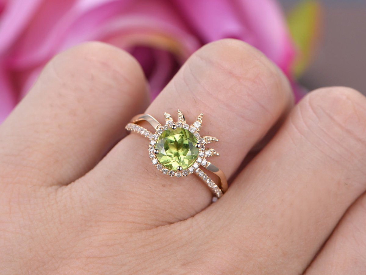 Round Peridot Bridal Set with Diamond Tiara Band 14K Yellow Gold - Lord of Gem Rings