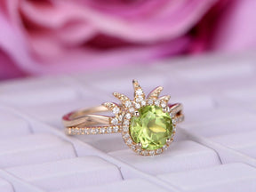 Round Peridot Bridal Set with Diamond Tiara Band 14K Yellow Gold - Lord of Gem Rings