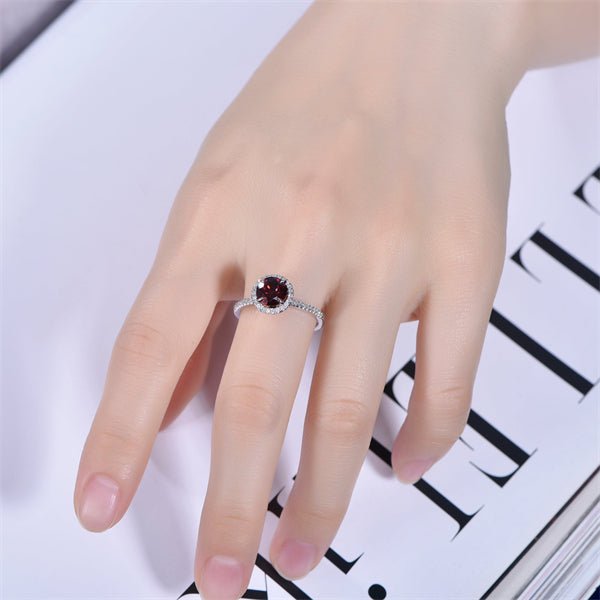 Round Red Garnet Diamond Halo Engagement Ring - Lord of Gem Rings