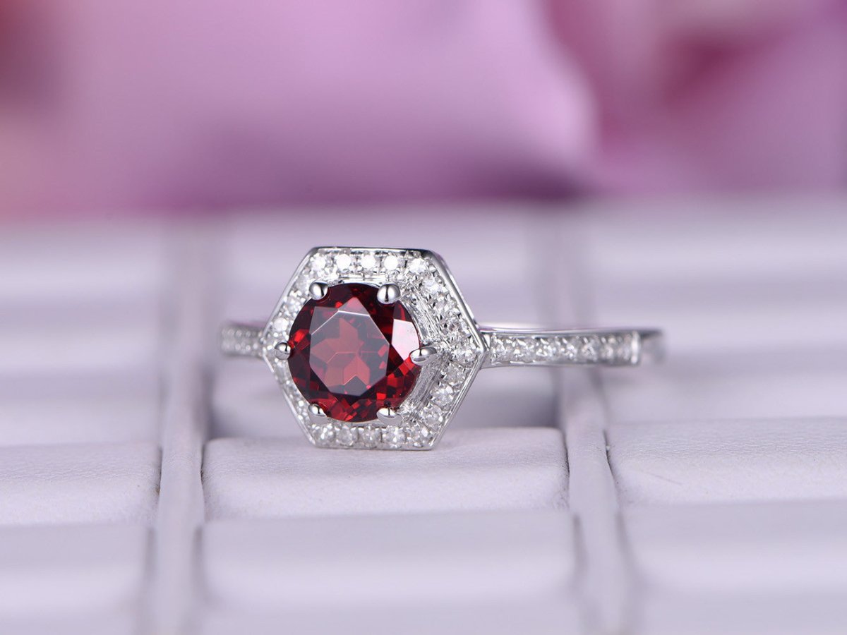 Round Ruby Diamond Hexagon Halo Engagement Ring 14k White Gold - Lord of Gem Rings