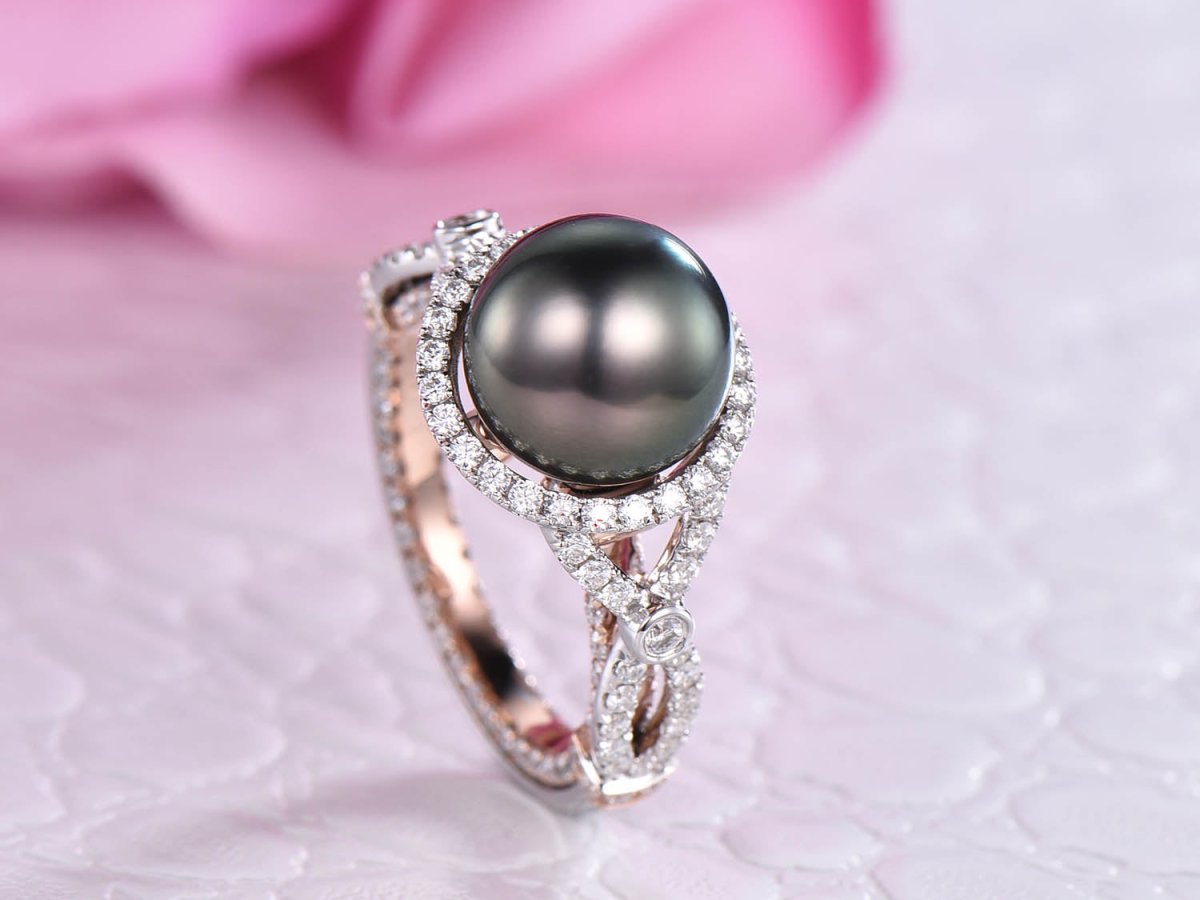 Tahitian Pearl Crossover Ring Moissanite Band in Two Tones Gold - Lord of Gem Rings