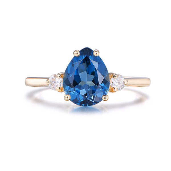 Three Stone London Blue Topaz Moissanite Ring 14K Yellow Gold - Lord of Gem Rings