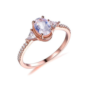 Three-Stone Oval Moonstone Trillion Moissanite Side Stones Milgrain Ring - Lord of Gem Rings