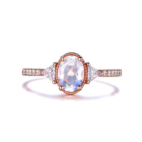 Three-Stone Oval Moonstone Trillion Moissanite Side Stones Milgrain Ring - Lord of Gem Rings