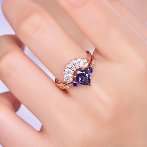 Three-Stone Pear Alexandrite Sapphire Marquise Diamond Bridal Set 14K Rose Gold - Lord of Gem Rings