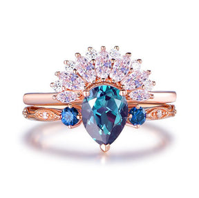 Three-Stone Pear Alexandrite Sapphire Marquise Diamond Bridal Set 14K Rose Gold - Lord of Gem Rings