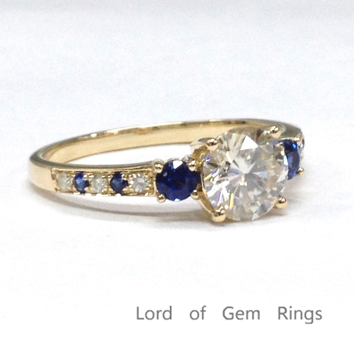 Three Stones Round Moissanite Sapphire Engagement Ring - Lord of Gem Rings