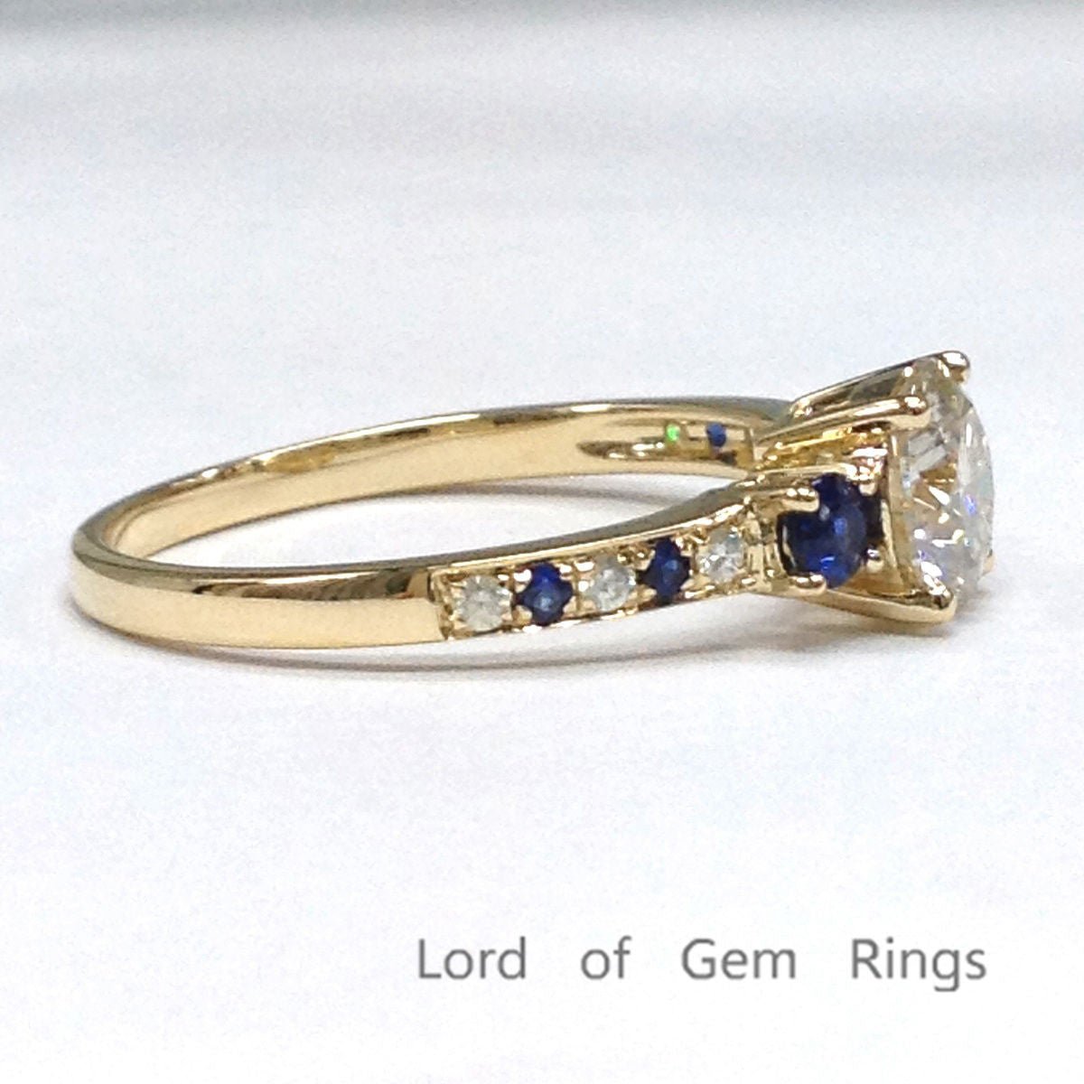 Three Stones Round Moissanite Sapphire Engagement Ring - Lord of Gem Rings