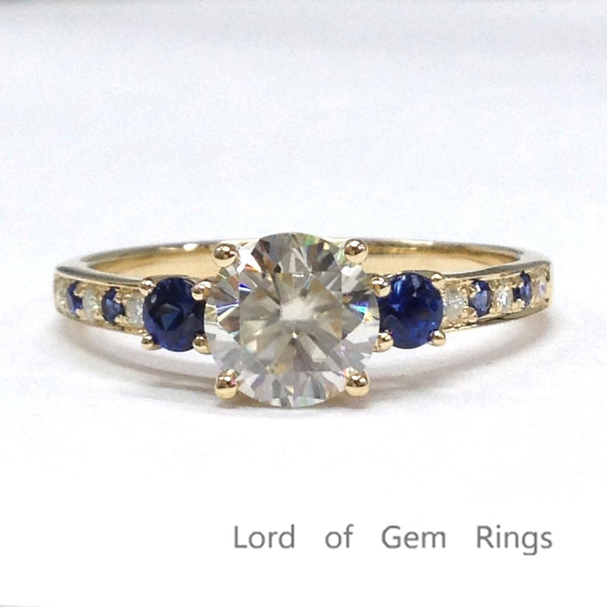 Three Stones Round Moissanite Sapphire Engagement Ring - Lord of Gem Rings