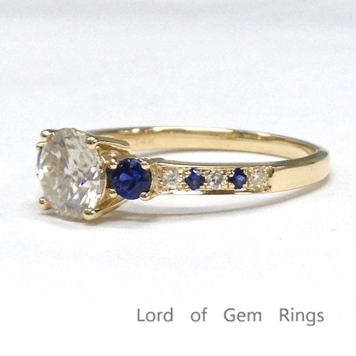 Three Stones Round Moissanite Sapphire Engagement Ring - Lord of Gem Rings