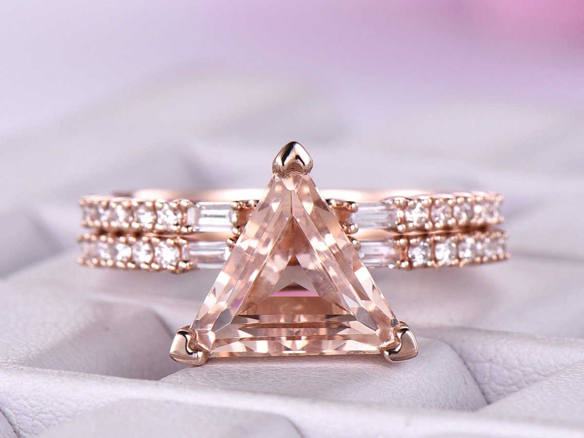 Trillion Morganite Baguette Diamond Euro Bridal Set - Lord of Gem Rings