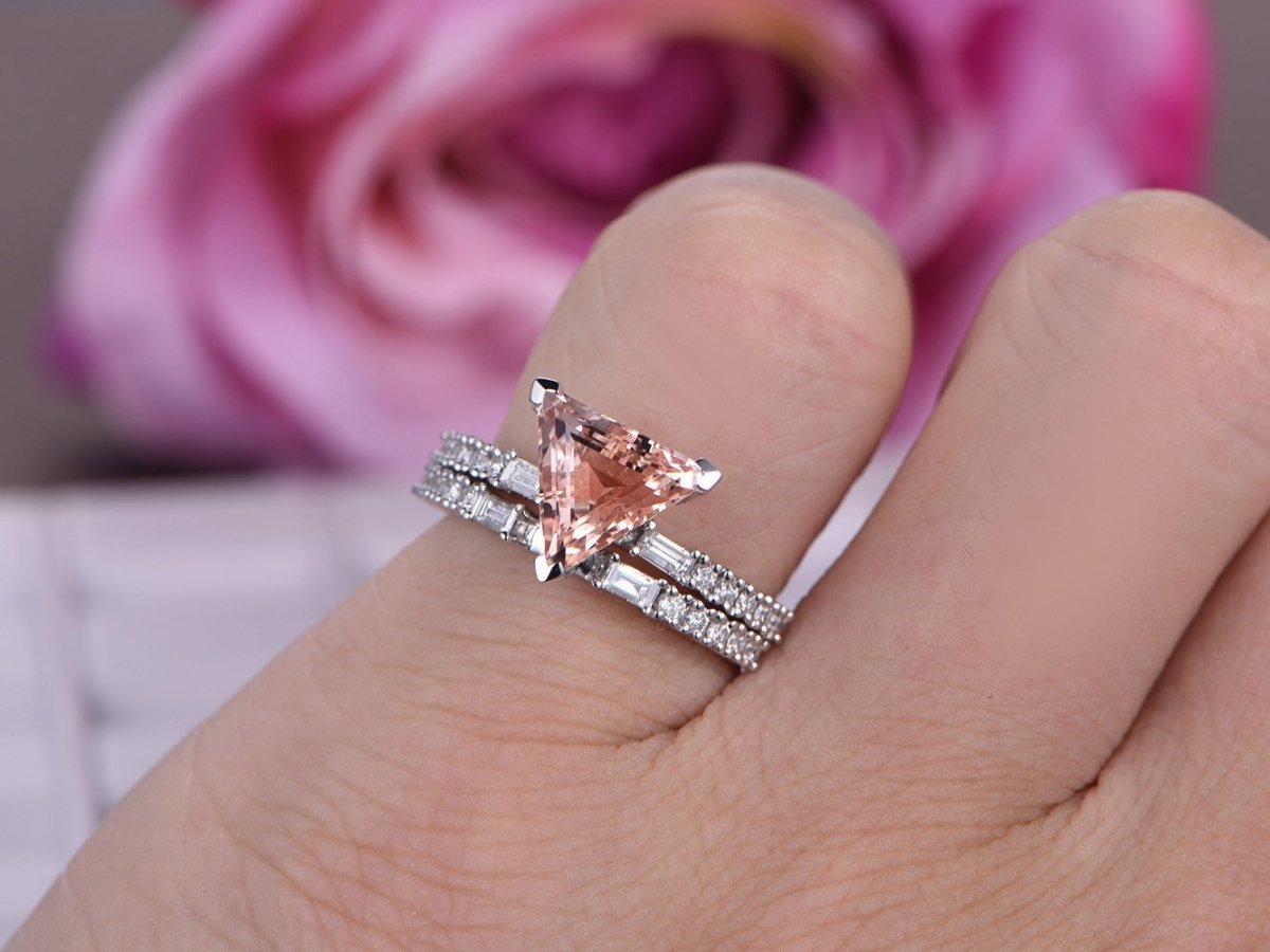 Trillion Morganite Baguette Diamond Euro Bridal Set - Lord of Gem Rings