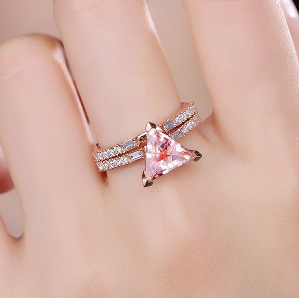 Trillion Morganite Baguette Diamond Euro Bridal Set - Lord of Gem Rings