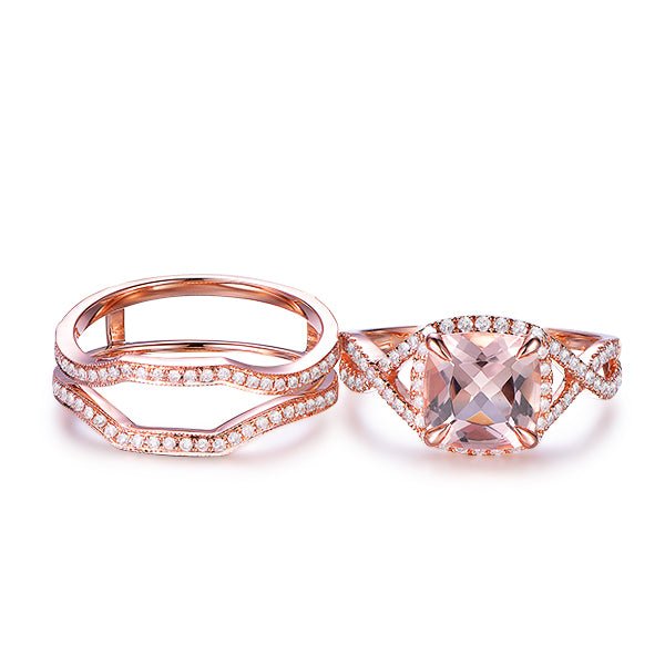 Twisted Cushion Morganite Diamond Ring Guard Trio Bridal Set - Lord of Gem Rings