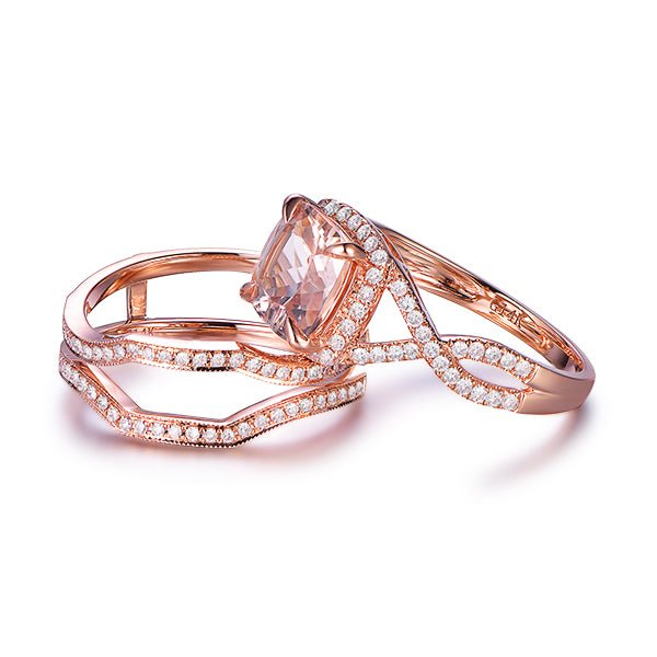 Twisted Cushion Morganite Diamond Ring Guard Trio Bridal Set - Lord of Gem Rings