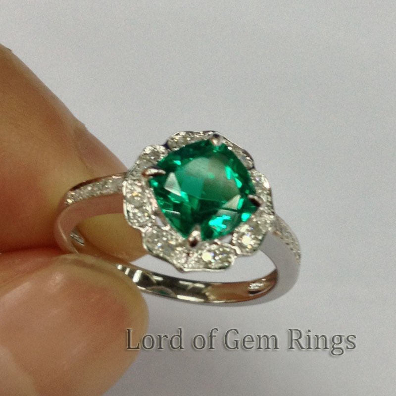 Vintage Diamond Floral Halo Cushion Emerald Engagement Ring - Lord of Gem Rings