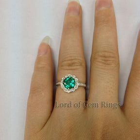 Vintage Diamond Floral Halo Cushion Emerald Engagement Ring - Lord of Gem Rings