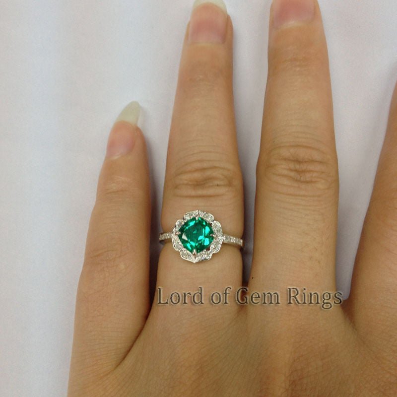 Vintage Diamond Floral Halo Cushion Emerald Engagement Ring - Lord of Gem Rings