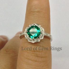 Vintage Diamond Floral Halo Cushion Emerald Engagement Ring - Lord of Gem Rings