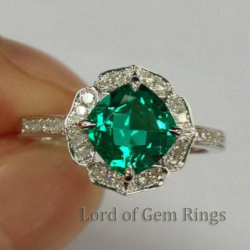 Vintage Diamond Floral Halo Cushion Emerald Engagement Ring - Lord of Gem Rings