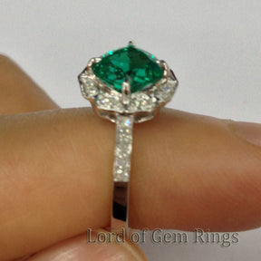 Vintage Diamond Floral Halo Cushion Emerald Engagement Ring - Lord of Gem Rings