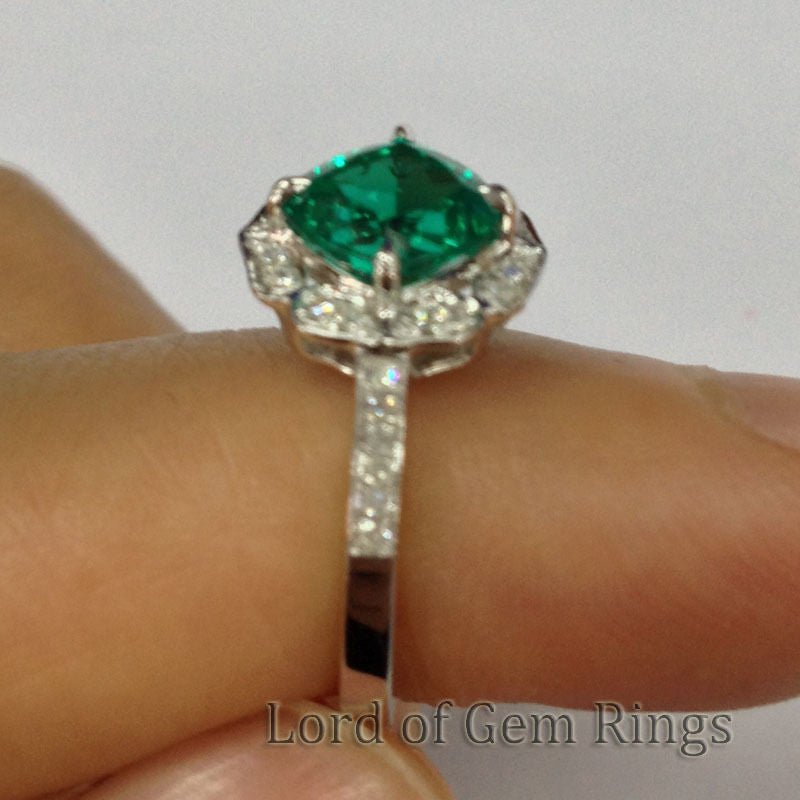 Vintage Diamond Floral Halo Cushion Emerald Engagement Ring - Lord of Gem Rings