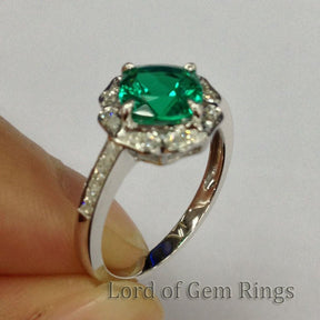 Vintage Diamond Floral Halo Cushion Emerald Engagement Ring - Lord of Gem Rings